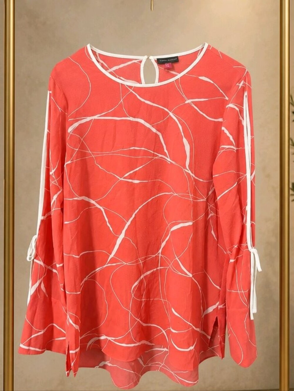 Vince Camuto Coral White Abstract-Print Long-Sleeve Tunic #848